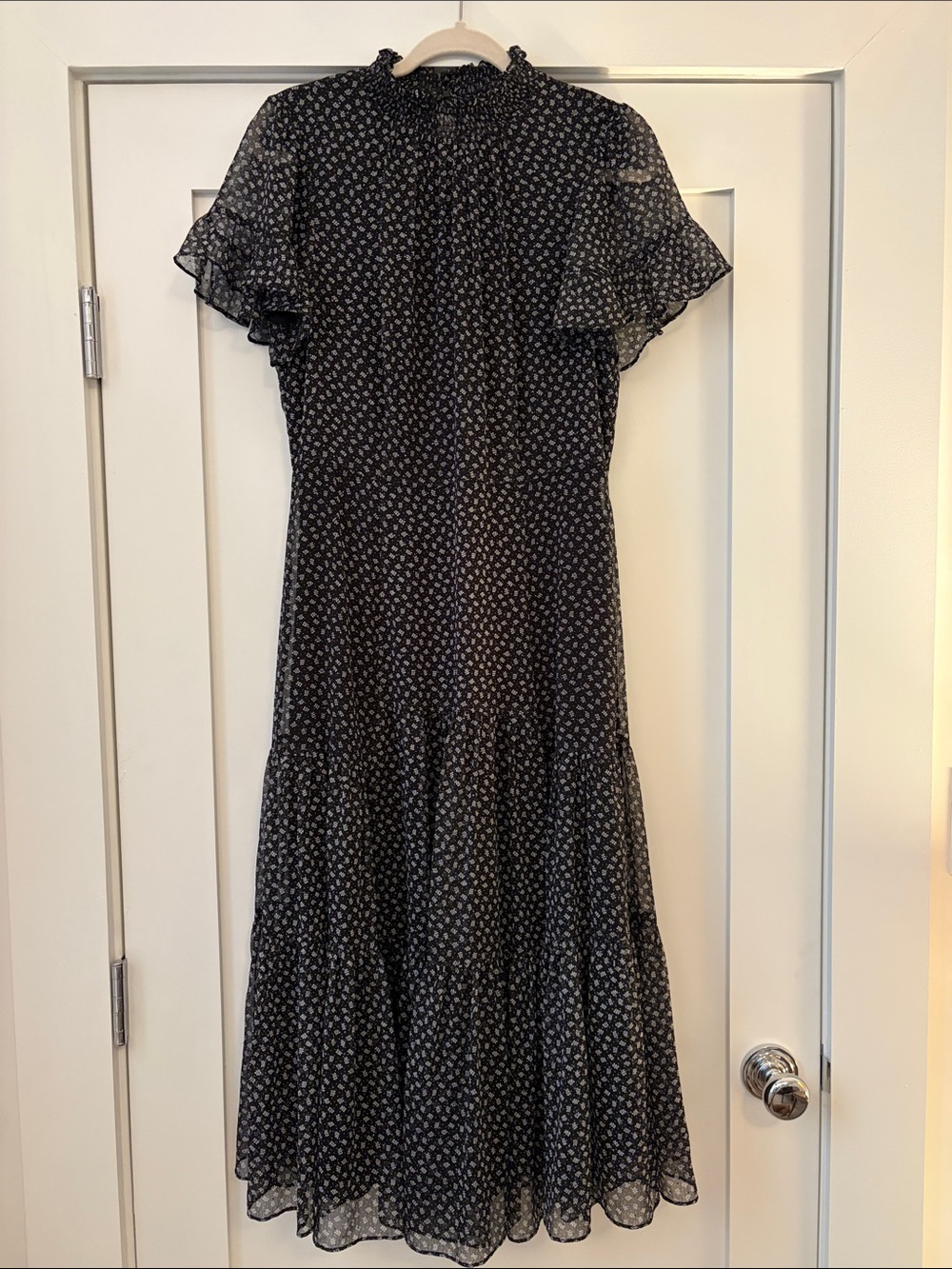 Whistles Size 8 Black Floral Midi Dress with Ruffle Sleeves
